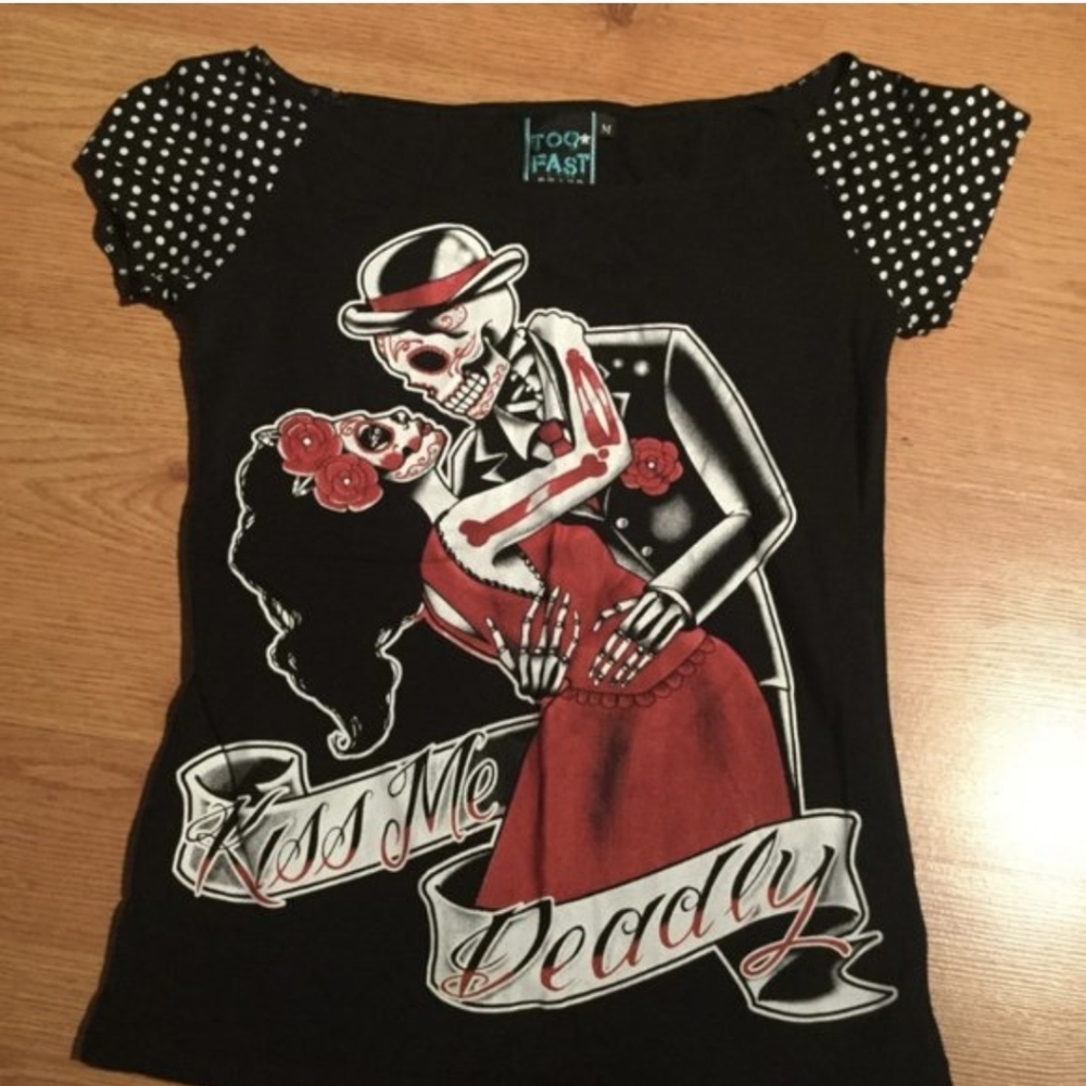 Too Fast Rockabilly Top with Polka Dot Sleeves, Heart-Shaped Cutout Back, Size M